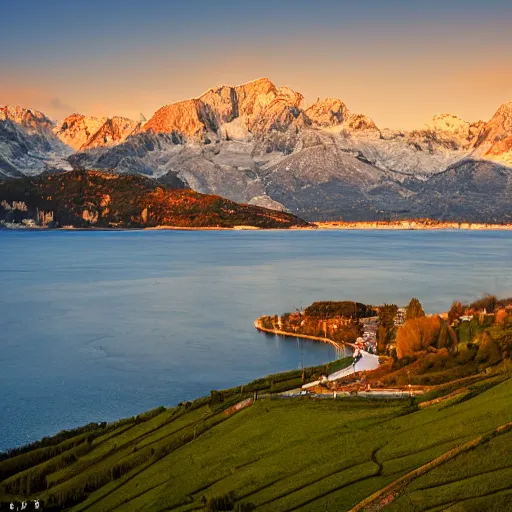 Image similar to sun setting over Italian Lake, snowy mountains in the background,