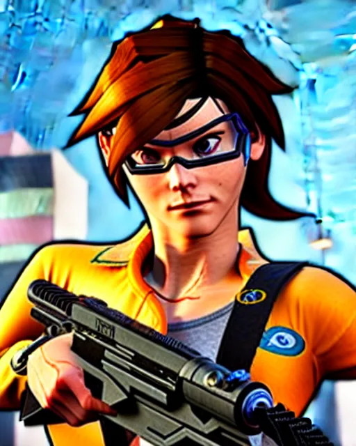 Image similar to gta 5, grand theft auto 5 cover art of tracer from overwatch