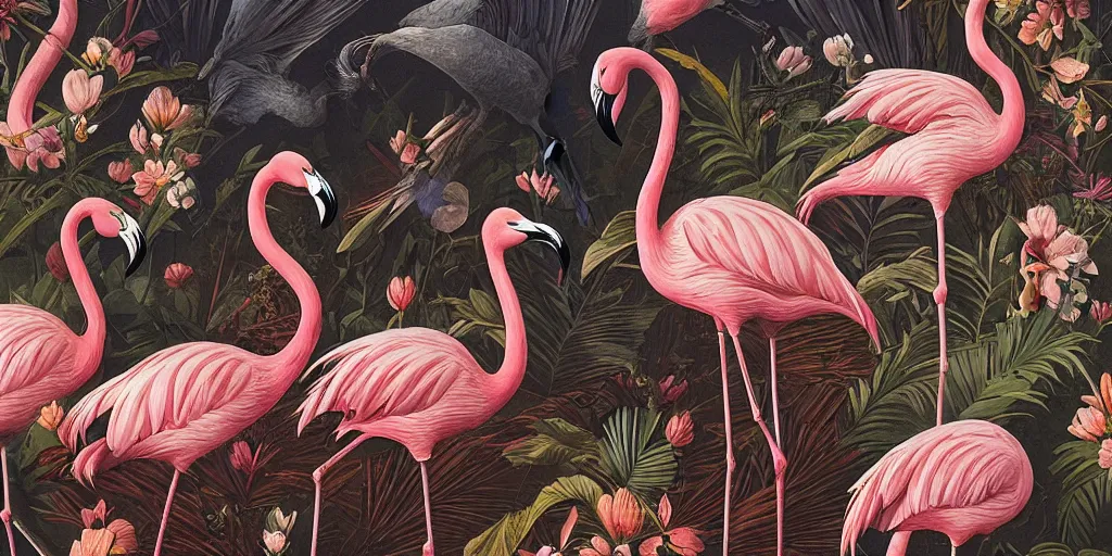 Image similar to breathtaking detailed concept art painting art deco pattern of birds, flamingos, amalmation blend of flowers and birds, by john james audubon, bizarre compositions, exquisite detail, extremely moody lighting, 8 k