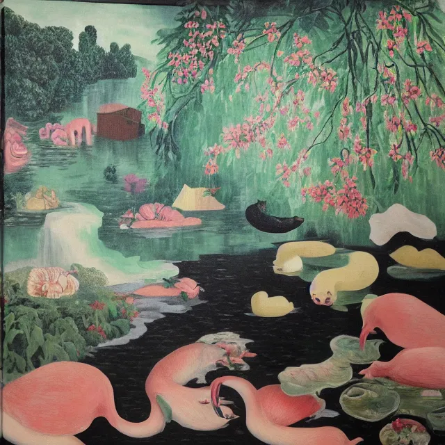 Prompt: painting of flood waters inside an artist's feminine bedroom, female emo art student, a river flooding indoors, pomegranates, pigs, ikebana, water, octopus, river, rapids, waterfall, black swans, canoe, berries, acrylic on canvas, surrealist, by magritte and monet