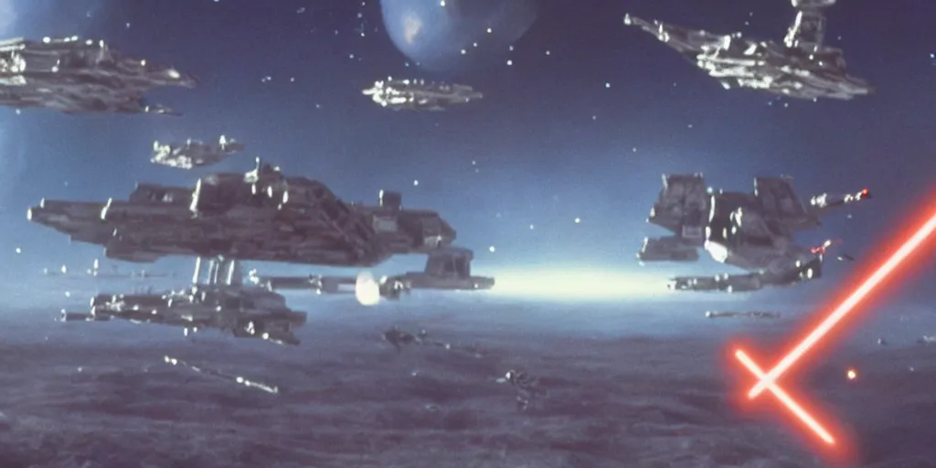 Prompt: a still from a film of a live action STAR WARS space battle, 35mm, directed by Steven Spielberg, miniatures, ILM