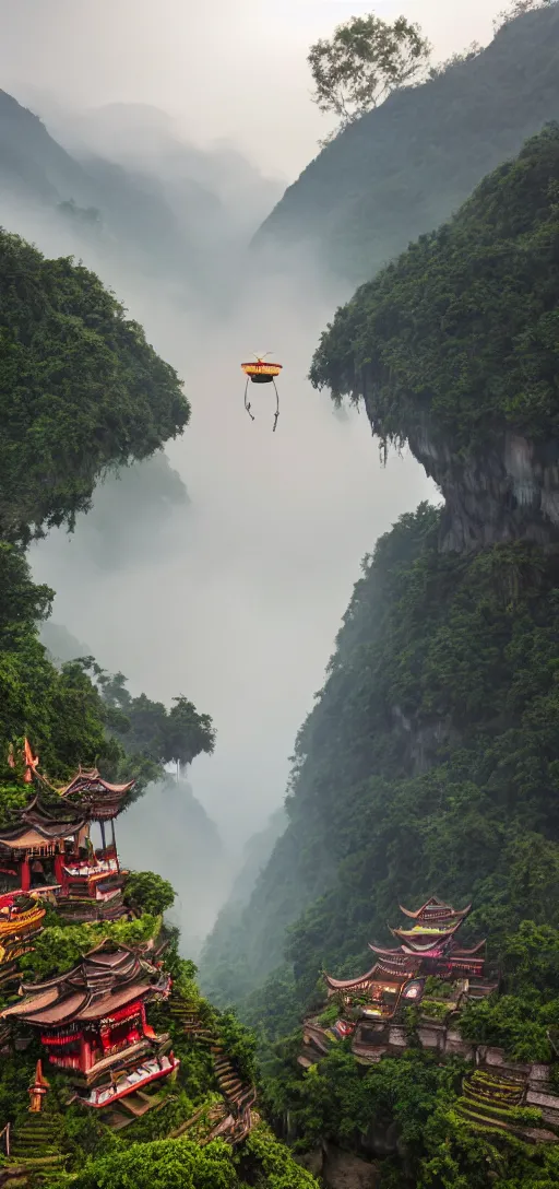 Prompt: an 8 0 mm color macro hi def picture of the angel of death hovering above kunlao village. everything is of the second level on the isle of kun lao. volumetric lighting with picoso hotdogs. atmospheric. scary fog national geographic.