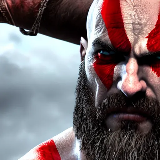 Image similar to Kratos from God of War 4 , 8k hyper-realistic