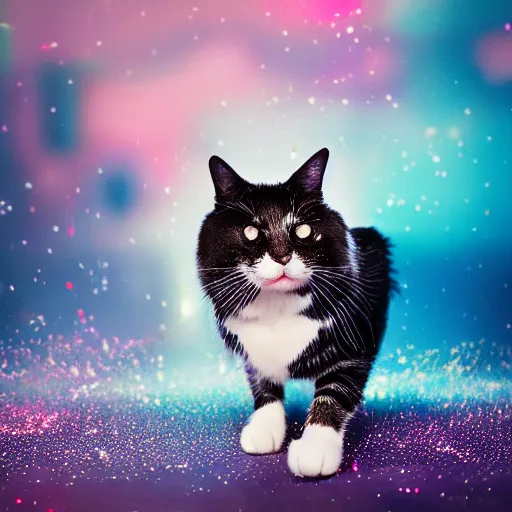 Image similar to a high - quality photo of a cat in a cloud of falling glitter, duochrome,, f 1. 4, iso 2 0 0, sharpened