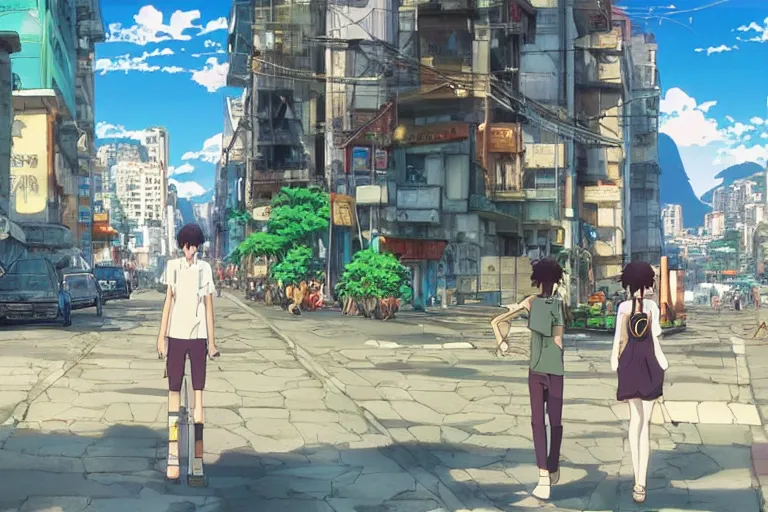 Prompt: rio de janeiro in an anime film, directed by makoto shinkai, street level