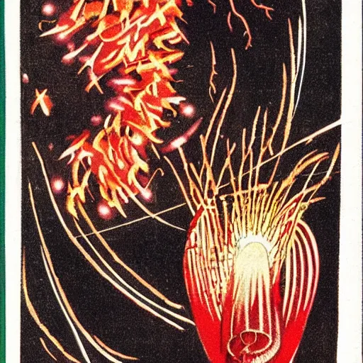 Prompt: anatomical illustration of fireworks, 1920s art deco, by Telemaco Signorini, vintage postcard