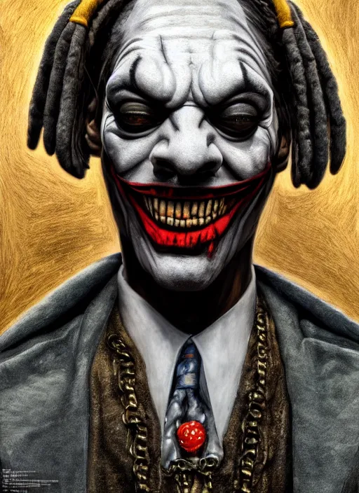 Image similar to giger portrait of snoop dogg as joker, hyper detailed, digital art, trending in artstation, cinematic lighting, studio quality, smooth render, unreal engine 5 rendered, octane rendered, art style by klimt and nixeu and ian sprigger and wlop and krenz cushart.