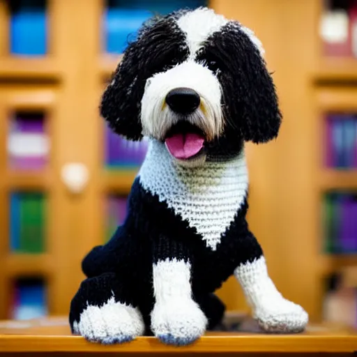 Image similar to a closeup photorealistic photograph of a cute smiling knitted bernedoodle judge dog dressed in a black gown, presiding over the courthouse. indoor image, professional capture, well lit shot. this 4 k hd image is trending on artstation, featured on behance, well - rendered, extra crisp, features intricate detail, epic composition and the style of unreal engine.