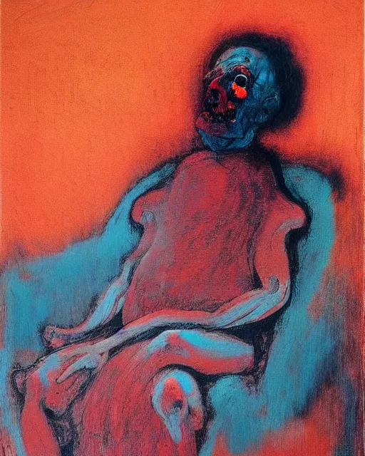 Prompt: thick expressionist acrylic painting of an old dead figure sitting on a couch ,  Beksinski painting, part by Francisco Goya and Gerhard Rich⁷⁷ter. art by James Jean, Francis Bacon masterpiece