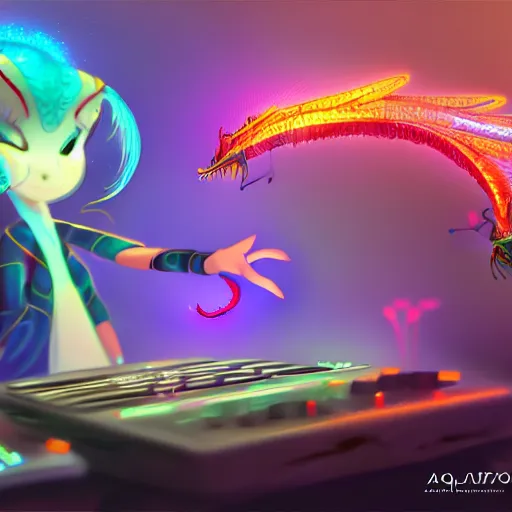 Image similar to a magical Dragon fly as a Dj by aquaxio, trending on art station