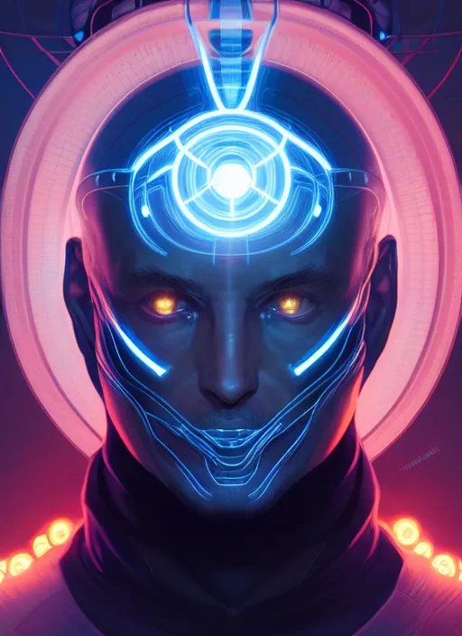 Image similar to symmetry portrait of professor charles xavier, sci - fi, tech wear, glowing lights, intricate, elegant, highly detailed, digital painting, artstation, concept art, smooth, sharp focus, illustration, art by artgerm and greg rutkowski and alphonse mucha