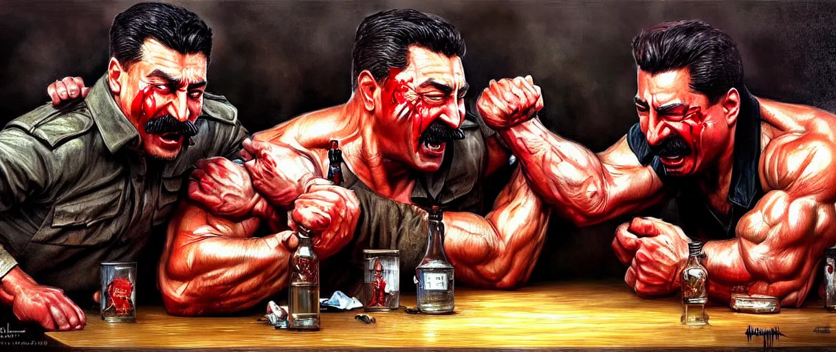 Image similar to arm wrestling ( ( vladimir putin ) ) vs ( ( iosif stalin ) ), hyperrealistic, digital concept art, caricature illustration, bloody, violent. horror. art by gaston bussiere