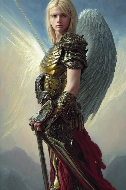 Image similar to a beautiful female angel warrior , half body portrait, blond hair, ornate armour, realistic oil painting by Thomas Cole and Wayne Barlowe and Boris Valejo