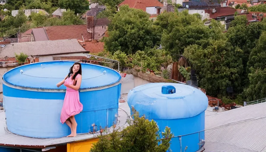 Image similar to on the roof of a house, a beautiful young woman floats in the water tank. the overall color is blue, with a dreamy feeling.