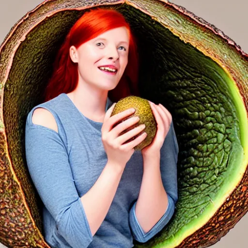 Image similar to red headed young woman inside a giant avocado