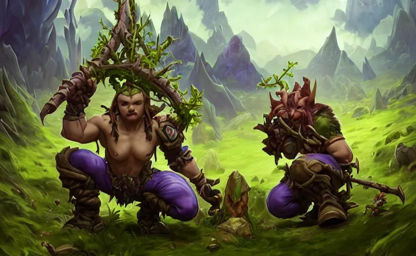 Image similar to goblin squatting, amazing landscape with tree in background, fantasy, whimsical, dungeons and dragons, league of legends splash art, heroes of the storm splash art, hearthstone splash art, world of warcraft splash art, overwatch splash art, art by artgerm, art by alphonse mucha, intricately detailed, highly detailed, trending on artstation,