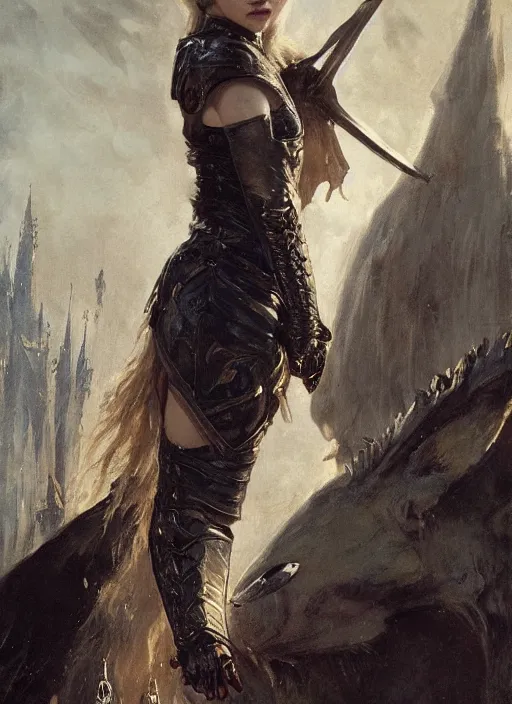 Prompt: young blonde vampire emilia clarke long fangs wearing black medieval armour, by gaston bussiere, bayard wu, greg rutkowski, giger, maxim verehin, greg rutkowski, masterpiece, sharp focus, cinematic lightning