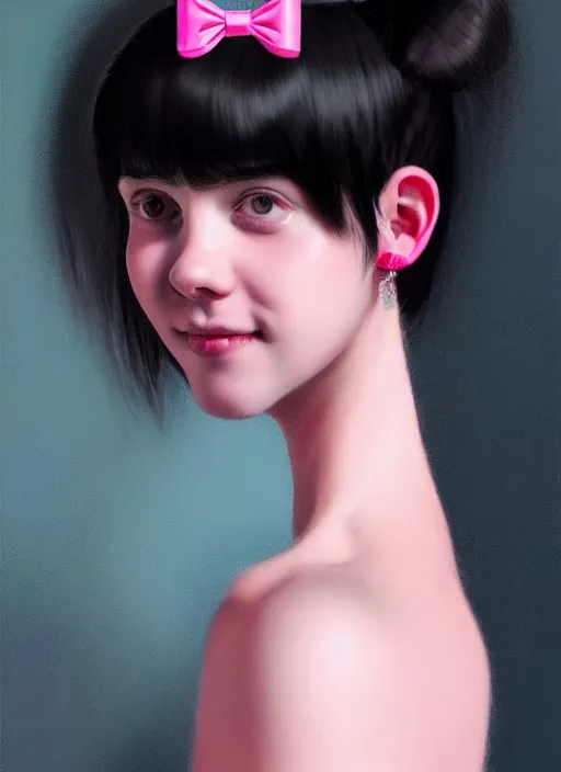 Image similar to portrait of teenage girl, realistic, black hair, bangs, half updo hairstyle, pointy nose, skinny, smile, ugly, defined jawline, big chin, pink hair bow, earrings, intricate, elegant, glowing lights, highly detailed, digital painting, artstation, sharp focus, illustration, art by wlop, mars ravelo and greg rutkowski