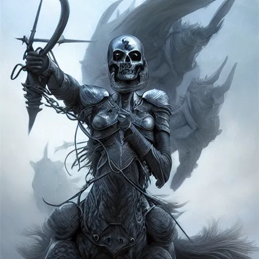 Image similar to concept art by artgerm, death of the four horsemen of the apocalypse, soft grey and blue natural light, intricate, queen of death riding, highly detailed dark art, digital painting, artstation, concept art, smooth, sharp focus, illustration, art by greg rutkowski and luis rollo and uang guangjian and gil elvgren, symmetry!