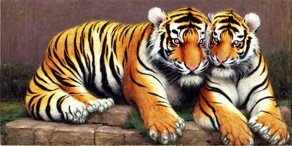 Image similar to 3 d precious moments plush tiger, realistic fur, muted blue, peach, gray, brown, purple color scheme, master painter and art style of john william waterhouse and caspar david friedrich and philipp otto runge