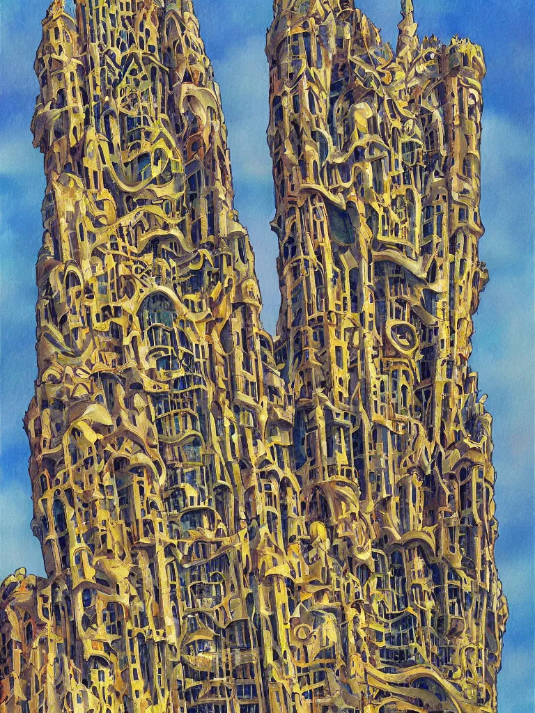 Prompt: A painting of a skyscraper designed by Antoni Gaudí, in Paris, in the style of Ghibli