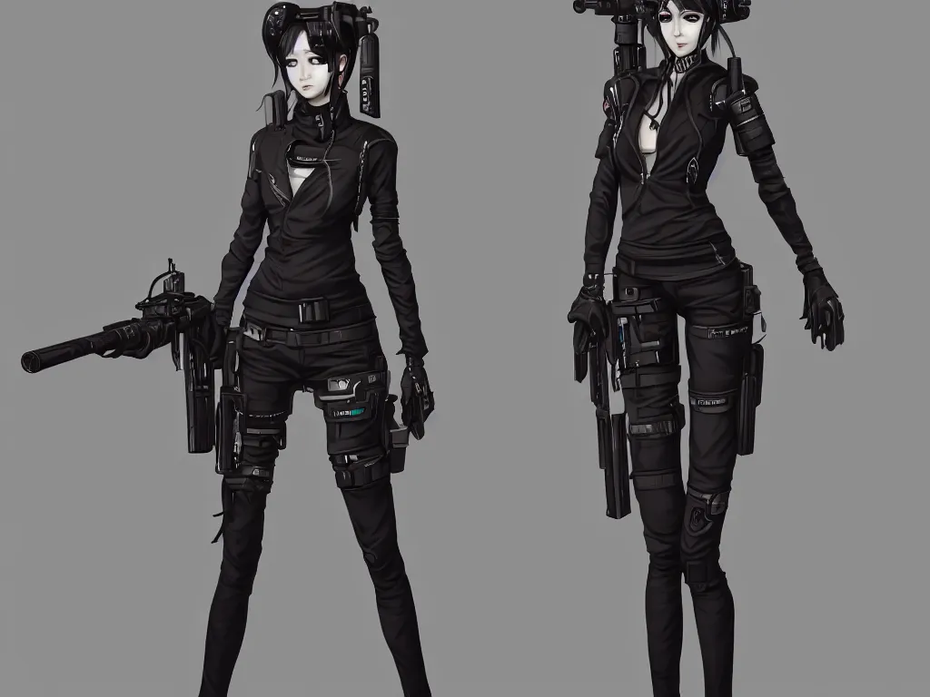 Image similar to fullbody portrait of a beautiful girl dressed in cyberpunk style, standing on street, holding a sniper rifle. by riot games, anime style, masterpiece, award - winning, trending on artstation and pixiv