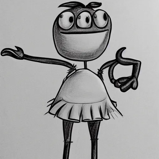 Image similar to concept art of a tomato character with arms and legs, cartoon style, disney style, black and white, pencil drawing, detailed