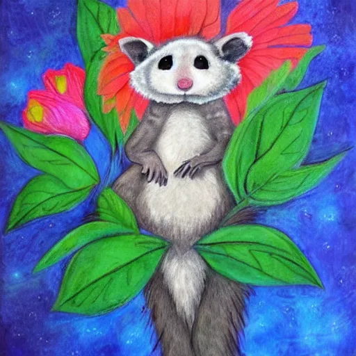 Image similar to opossum, adorable, children's art, colorful, flowers, trees, full moon