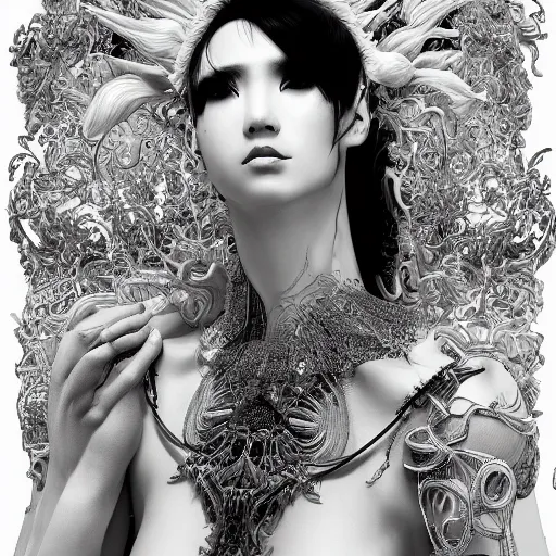 Image similar to the portrait of an absurdly beautiful, graceful, elegant, sophisticated, fashionable cyberpunk gravure idol, an ultrafine hyperdetailed illustration by kim jung gi, irakli nadar, takato yamamoto, intricate linework, bright colors, porcelain skin, unreal engine 5 highly rendered, fashion photography, fractal background, global illumination, radiant light, detailed and intricate environment