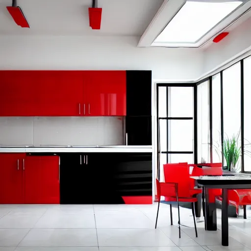 Prompt: photo of black kitchen fronts and furniture, red walls, white floor tiles, architecture, concept art