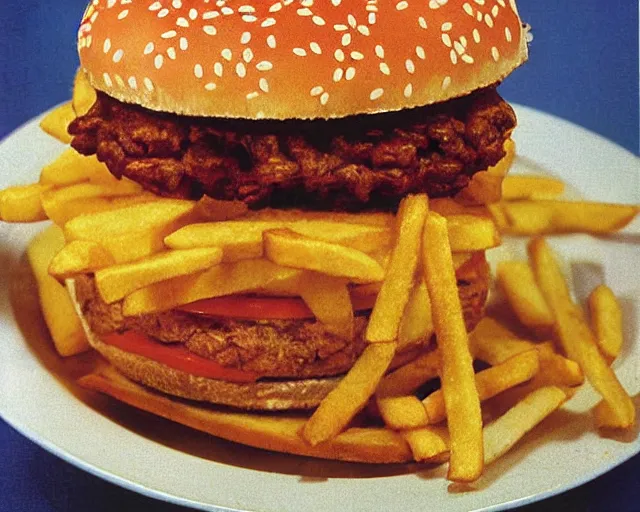 Prompt: 1970's cookbook color photograph of a big Mac with fries sharp detail high detail