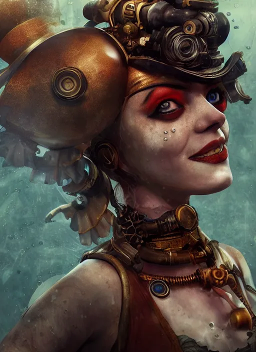 Image similar to underwater steampunk portrait of emma stone as harley quinn, hyper detailed, digital art, cinematic lighting, studio quality, smooth render, unreal engine 5, octane rendered, art style by klimt and nixeu and ian sprigger and krenz cushart.