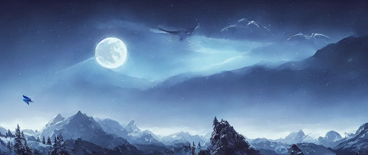 Prompt: blue whale flying in sky, above mountains, concept art, snow, starry sky, nighttime, full moon, by Jordan grimmer, realistic, high detail