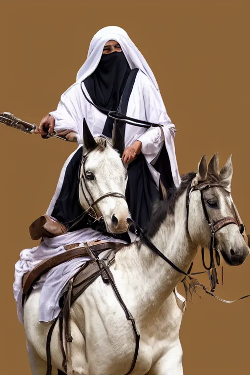 Prompt: hyperrealistic portrait from middle eastern burqa woman riding horse, with riffle in her chest, super highly detail, accurate boroque, without duplication content, white border frame, medium close up shot, justify content center, symmetrical, incrinate, cinematic, dust, award winning photos, vogue, shadow effect, luminate, sharp focus, realistic human