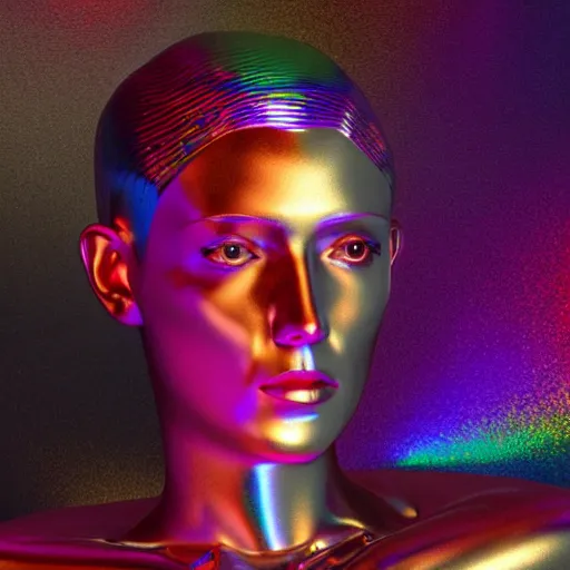 Image similar to 3d render of holographic human robotic head made of glossy iridescent, surrealistic 3d illustration of a human face non-binary, non binary model, 3d model human, cryengine, made of holographic texture, holographic material, holographic rainbow, concept of cyborg and artificial intelligence