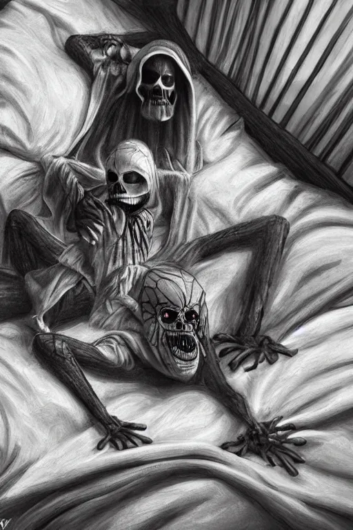 Prompt: photorealistic art of The grim reaper as a spider looming over a sleeping child\'s bed preparing to eat his soul, cinematic lighting, horror art, 8k, intricate detailing