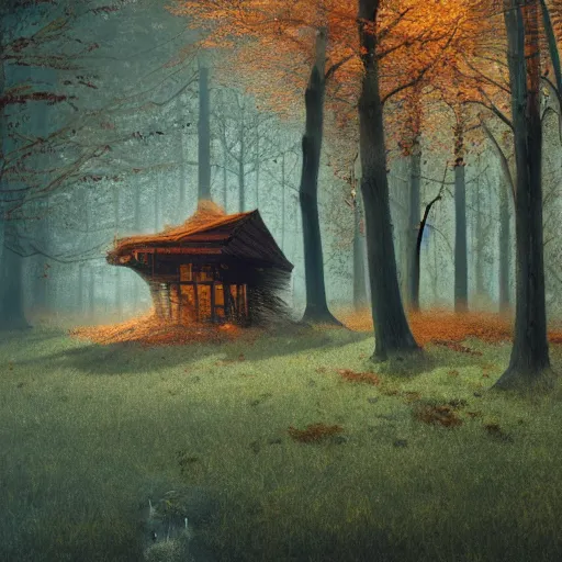 Image similar to an old broken hut in an autumn forest, many alot of huge tall mushrooms around it, green and brown tones, by Aron Wiesenfeld and beksincki, cinematic, detailed illustration, nature, fog, dark colors, suspense, intricate, 8k