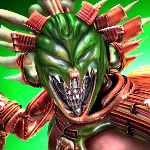 Image similar to a green yoshimitsu from the future, hyperrealistic