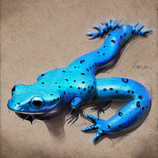 Image similar to artwork of a blue spotted salamander, by greg rutkowski, matte painting, trending on artstation, fantasy, super detailed, 8 k hd, volumetric light,