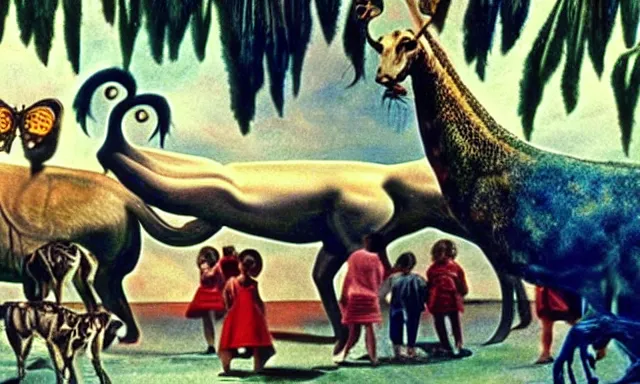 Image similar to full - color cinematic movie still from a 1 9 6 8 surreal film directed by salvador dali about children visiting a zoo. bizarre ; dream - like.