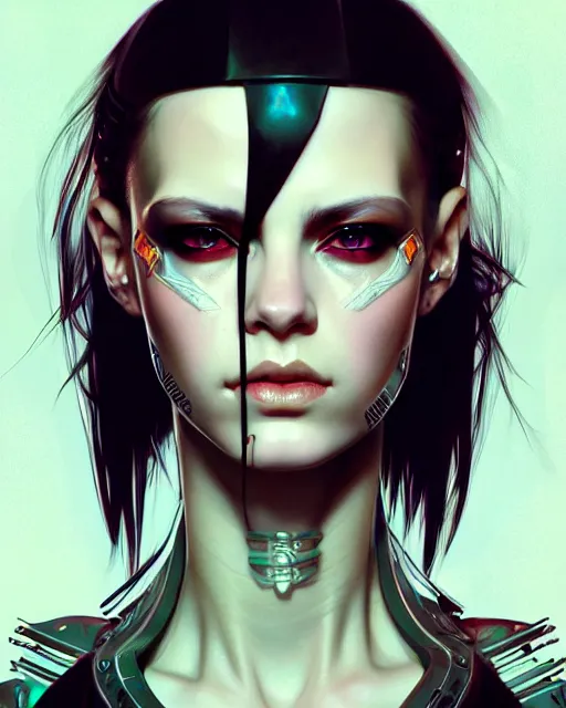 Image similar to beautiful female punk, portrait, cyberpunk, symmetry, detailed, elegant, intricate, dynamic lighting, digital art, digital painting, artstation, wlop, sharp focus, illustration, art by artgerm and greg rutkowski and alphonse mucha, 8 k