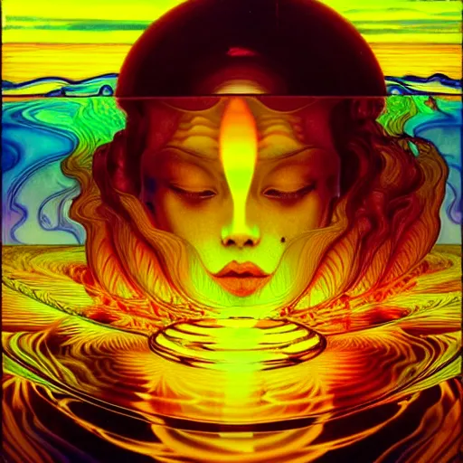 Image similar to transcendent bodhisattva mind bending psychedelic waves of glossy liquid honey flowing like kaleidoscopic translucent amber, lsd waves, honey ripples, enlightenment, high contrast lighting, refracted sunset, highly detailed, concept art, art by collier, albert aublet, krenz cushart, artem demura, alphonse mucha