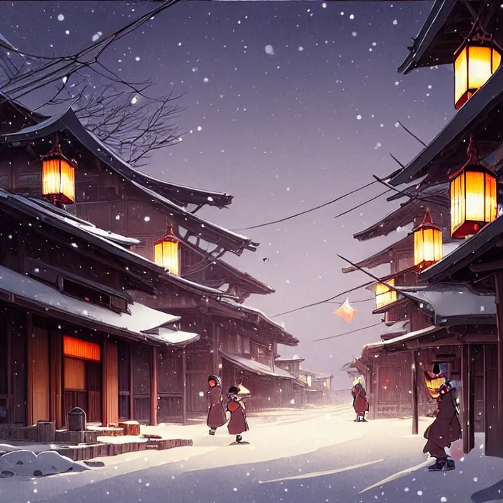 Image similar to empty rural japanese town at night, winter, in the style of studio ghibli, j. c. leyendecker, greg rutkowski, artem