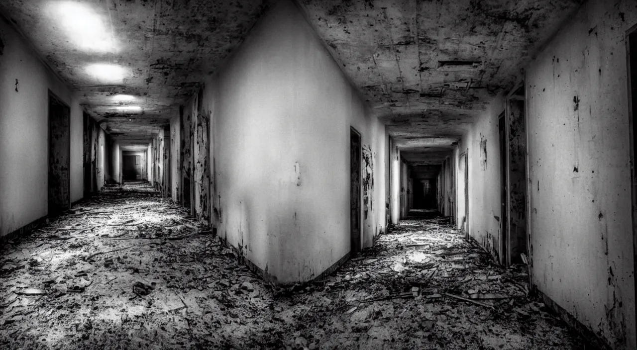 Image similar to unnerving dark 4 k photograph of a long creepy hallway of an abandoned hospital with a checkered floor, crime scene, horror