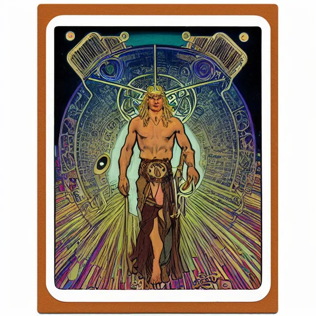 Prompt: polaroid of a vintage record cover by Franklin Booth showing a portrait of Thor as a futuristic space shaman, Alphonse Mucha background, psychedelic art, star map, smoke, sciFi