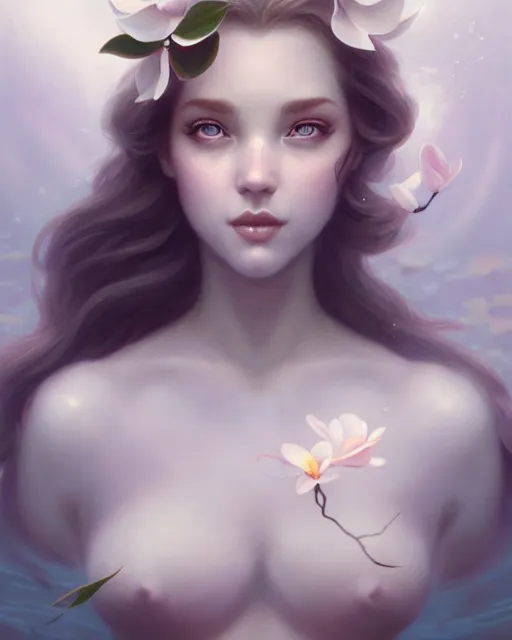 Image similar to character art of a goddess of magnolias as windy dusty underwater angelic young female | | seductive - fine - face, pretty face, key visual, realistic shaded perfect face, fine details by artgerm, wlop, tom bagshaw, james jean, andrei riabovitchev, marc simonetti, trending on artstation