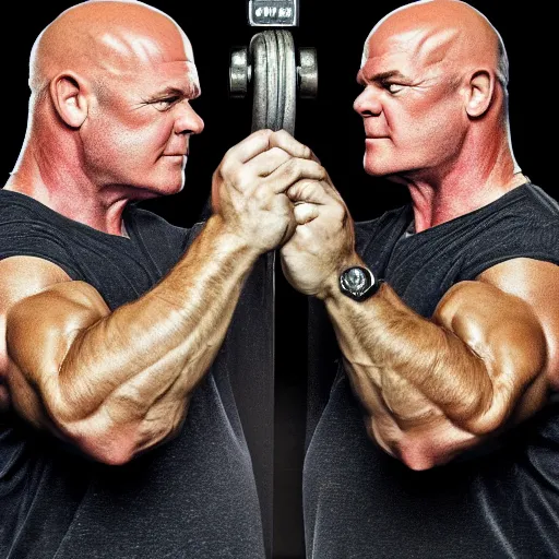 Image similar to phil and grant Mitchell with the physique of a body builder, hyper realistic, ultra detailed, cinematic, dynamic lighting, photorealistic, refined, intricate, digital art, digital painting, masterpiece, 8k