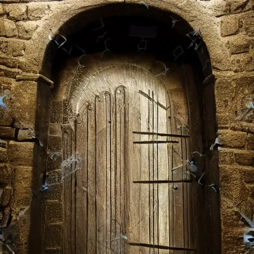Prompt: A door with a sleeping person hangs on loops, medieval style, dramatic lighting