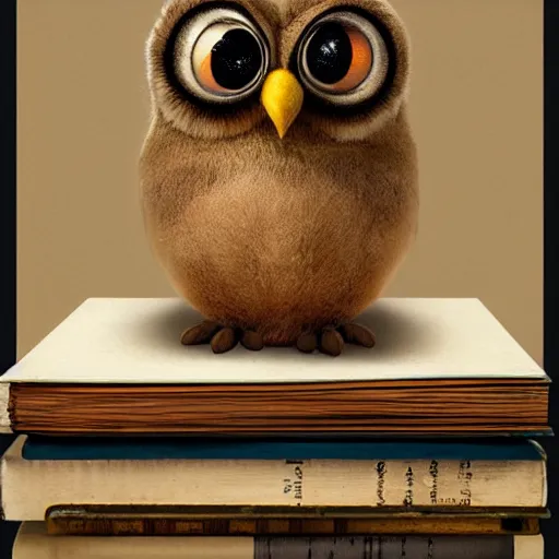 Image similar to long shot of a very cute plush owl sitting on a pile of antique books, big eyes half closed, by naoto hatori, by yoshita amano, by esao andrews, humorous illustration, hyperrealistic, big depth of field, fresh colors, dim light, 3 d octane render conceptart, 4 k, highly detailed, trending on artstation