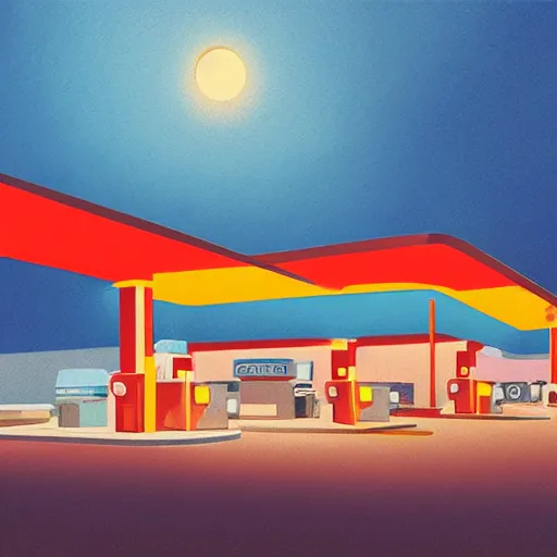 Image similar to a matte painting of a gas station at night by emiliano ponzi, james gilleard, george ault, david hockney, albert namatjira, minimalist, bauhaus, retrofuturism, postminimalism, concept art, matte background, matte drawing, space art, generative art